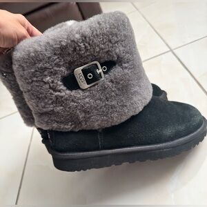 UGG Black Suede Ankle Boot with Gray Shearling Cuff